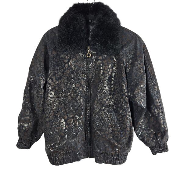 VINTAGE Pelle Leather Jacket Womens Small Black Metallic Fur Collar Bomber 90s - Picture 1 of 16